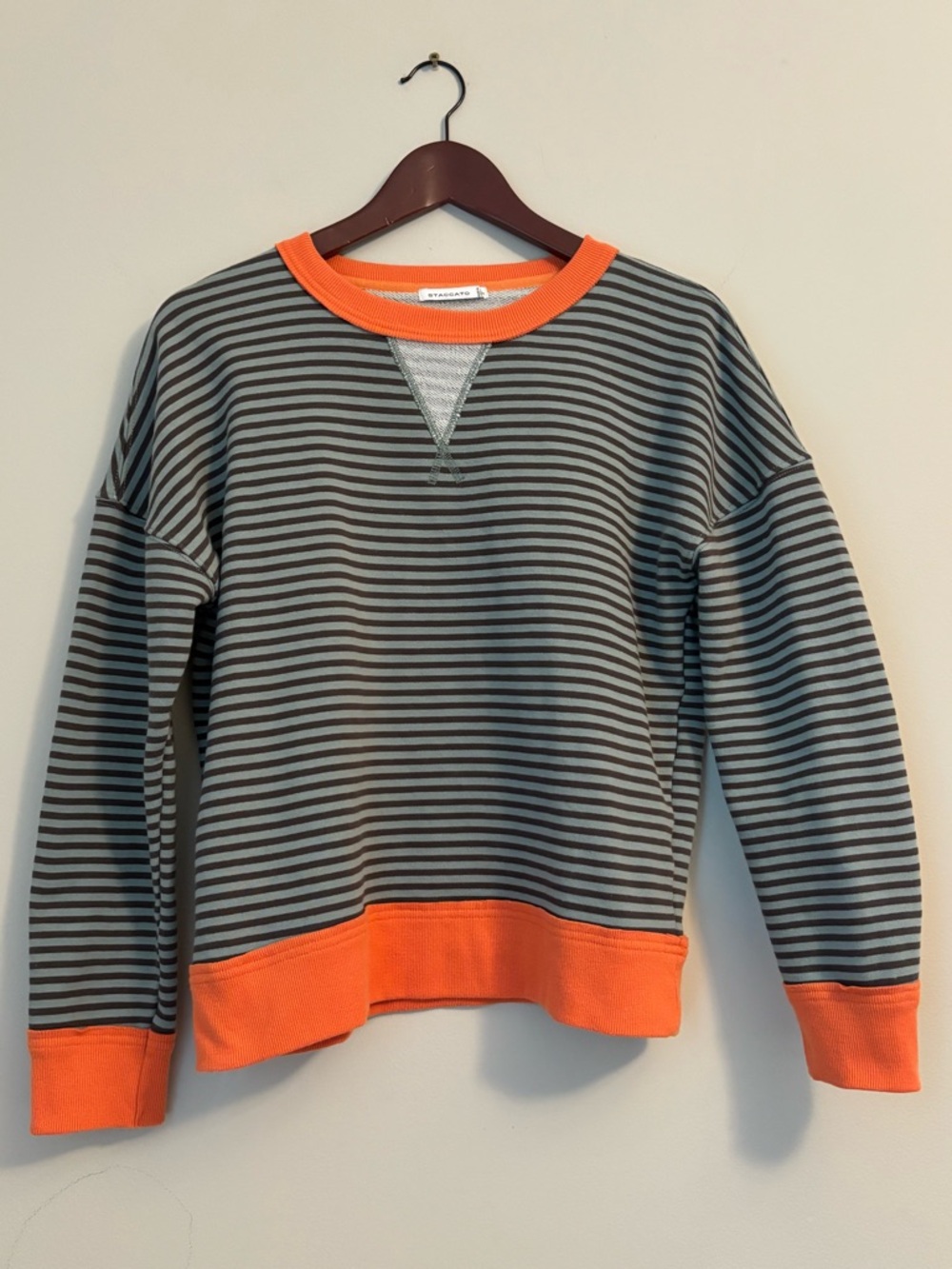 Staccato Small Color Block + Stripes Two Tone Deep Navy & Baby Blue Crew Sweater